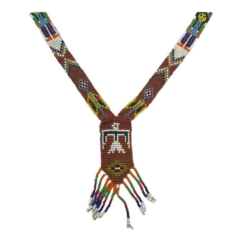 Handmade Native American Beaded Necklace Trade Beads Thunderbird & Fringe READ